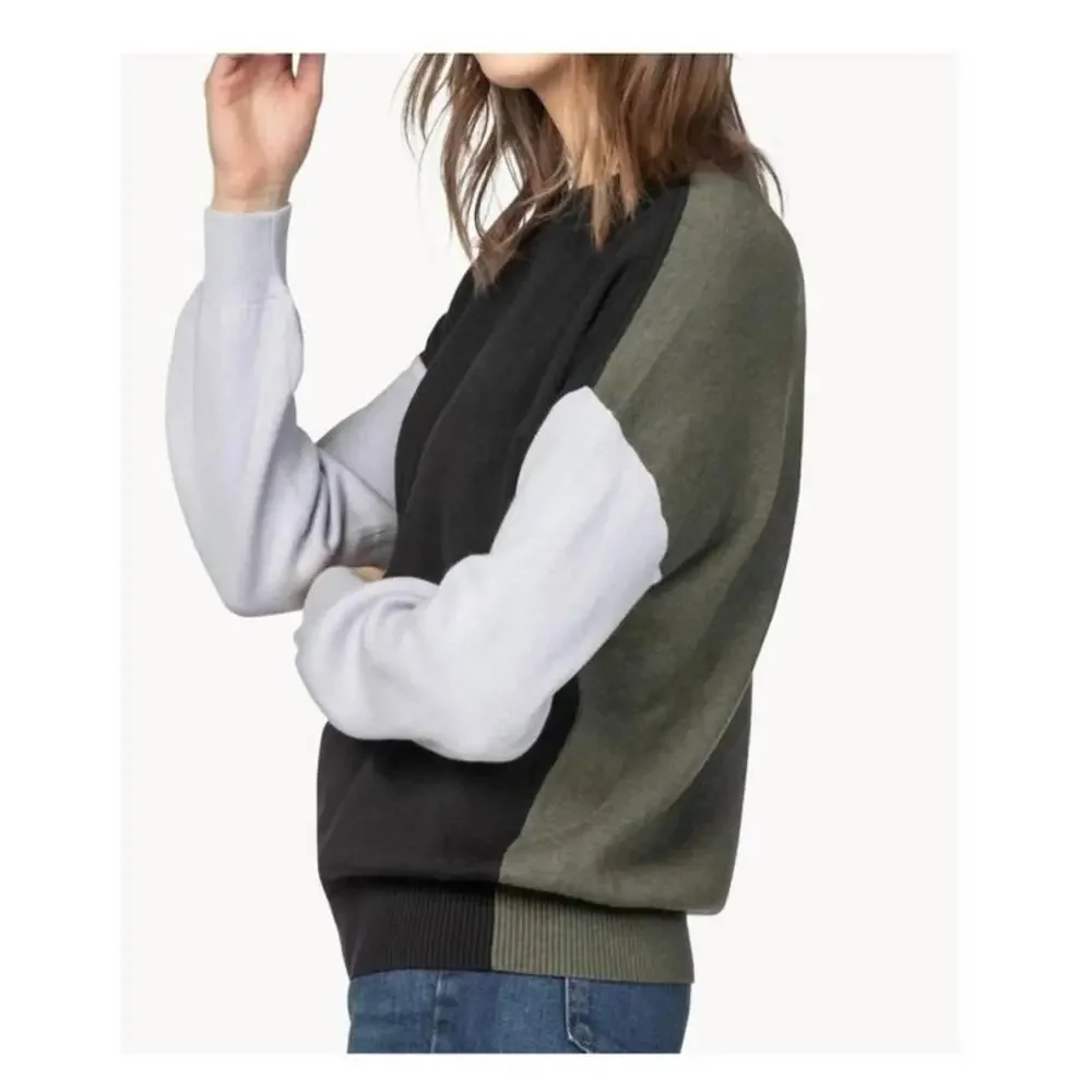 Lilla P Colorblock Knit Sweater Black Olive Gray Long Sleeve Sz S Cotton Modal - Picture 2 of 9